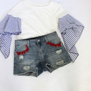 Ashley Mason Distressed Jean Shorts with Pom Poms